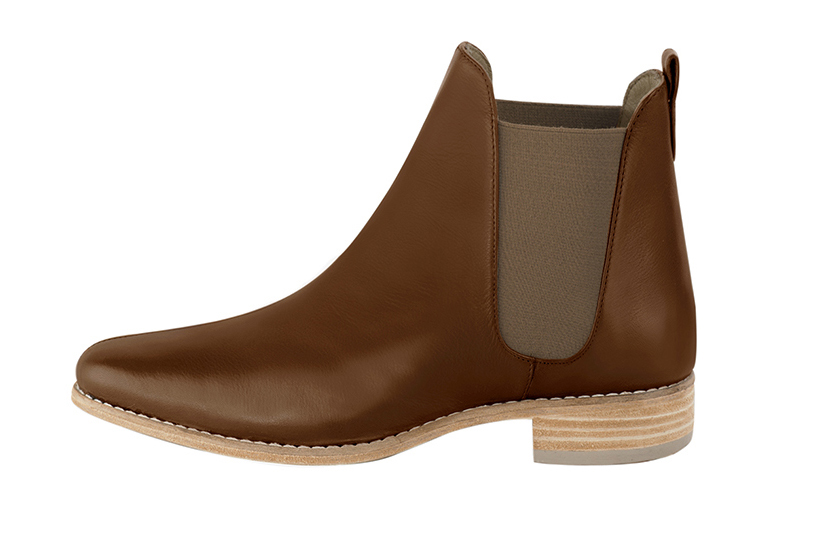 Caramel brown women's ankle boots, with elastics. Round toe. Flat leather soles. Profile view - Florence KOOIJMAN